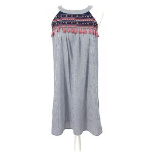 THML Womens Dress XS Blue White Stripe Boho Embroidered Sleeveless Cotton Tassel